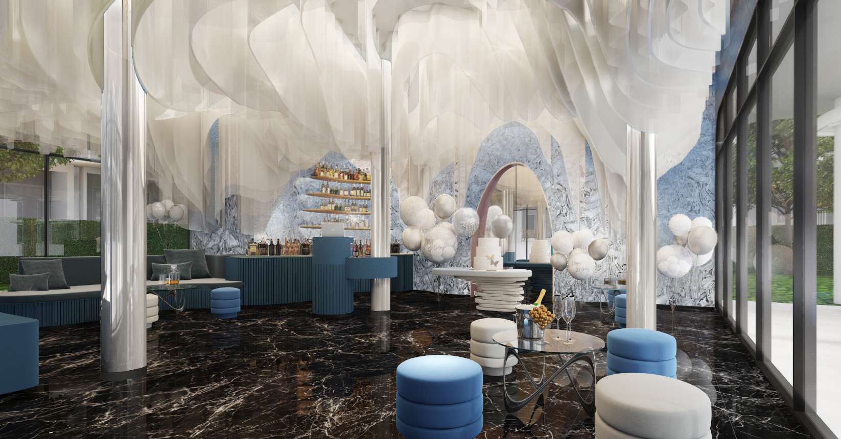 Multi-purpose area with bar and marble flooring