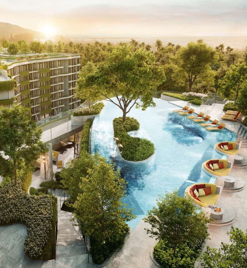 Scenic pool at sunset with sun loungers