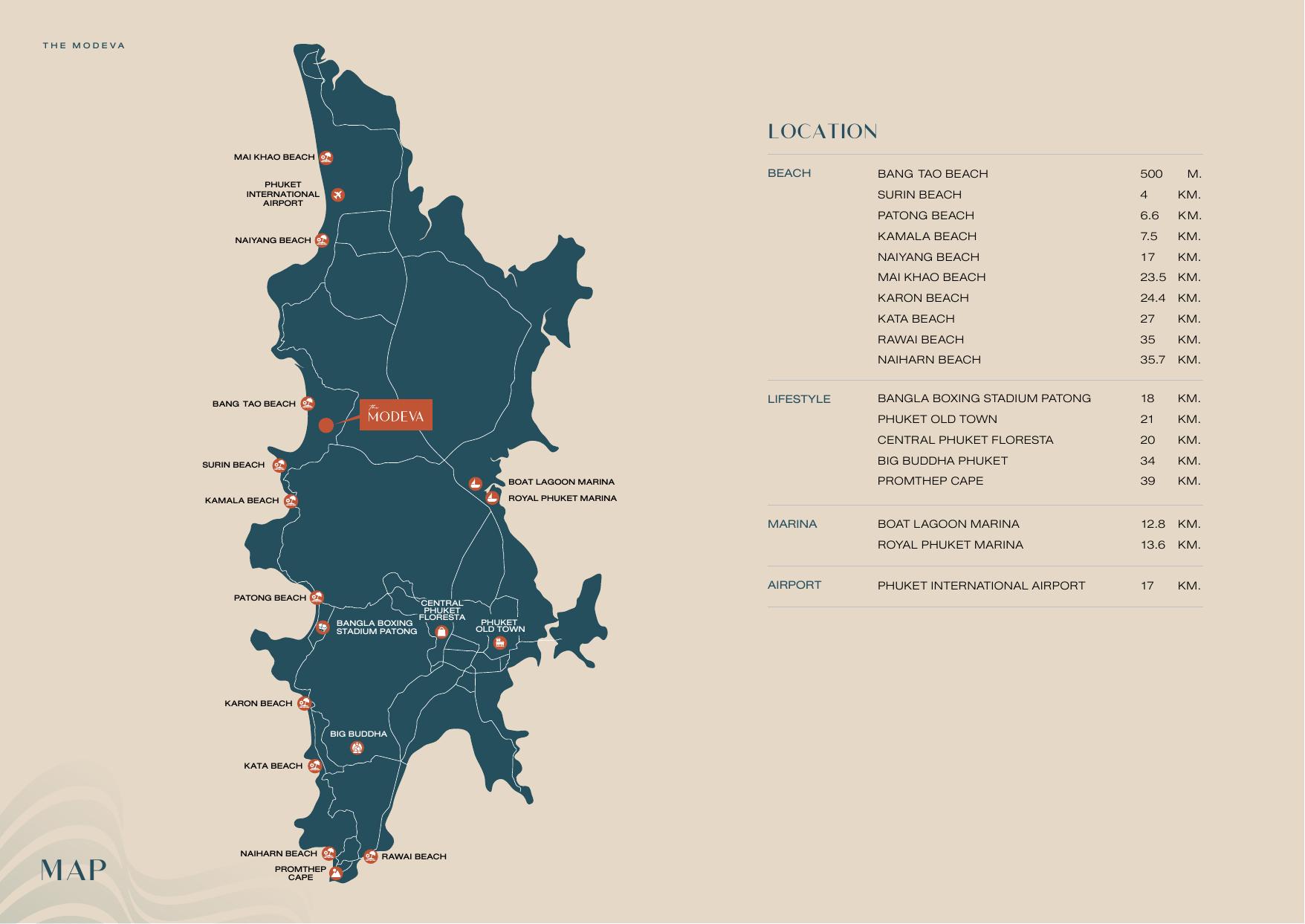 Map of Phuket showing The Modeva relative to beaches, marinas and the airport